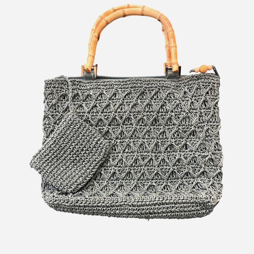 Charter Club Bamboo Handle Green Woven Faux Straw W/ Coin Purse Very Clean